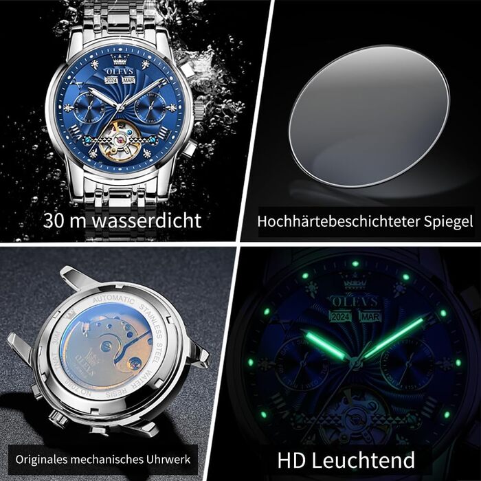 Чоловічий наручний годинник OLEVS Chronograph зі шкіряним ремінцем, японський кварцовий механізм, водонепроникний, класичний елегантний дизайн з датою (7088 Срібло/Синій)