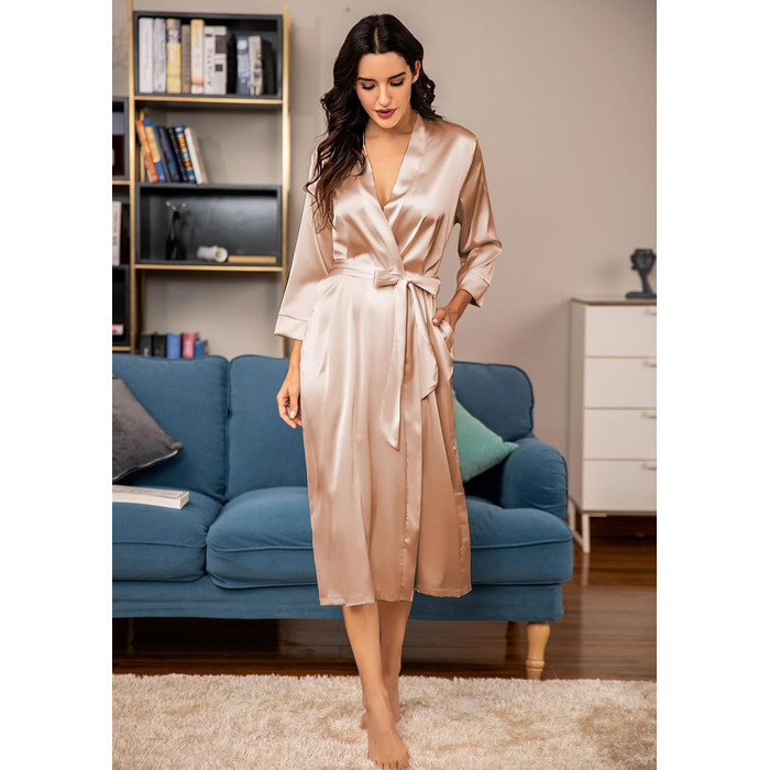 Халат жіночий атласний Ecouaer, легкий, довгий, з кишенями, S-XXL, колір шампань