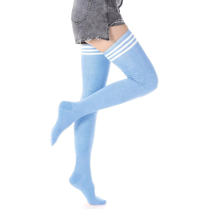 DRESHOW 3 пари дамських панчіх-високих гольфів, надколінних, смугастих. Кольори: фіолетовий, блакитний, рожевий