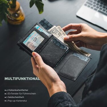 Шкіряний картхолдер VULKIT для чоловіків з Pop-up механізмом, RFID-захистом, відділенням для купюр та вікном для ID-картки, чорний
