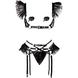 Чорний комплект еротичної білизни з велюру, 4 частини, L-XL