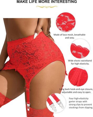 Жіночий комплект спідньої білизни з мереживною стрічкою та кліпсами, великі розміри. Комплект з 4 стрічок та трусиків. Колір: червоний (M-L).