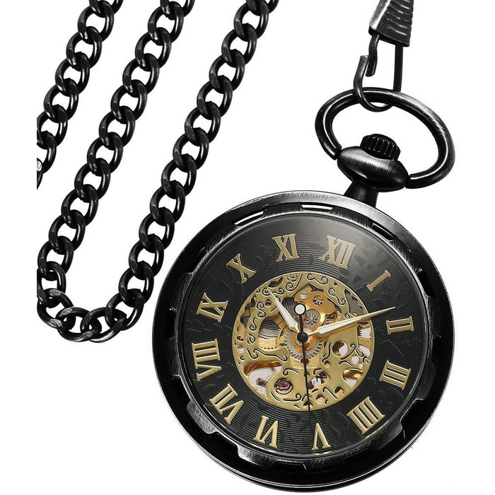 Чоловічий кишеньковий механічний годинник BOSHIYA Vintage Steampunk: скелетон, підзавод, з ланцюжком (чорний циферблат, круглий корпус)