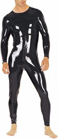 Чоловічий латексний catsuit з ефектом вологого блиску, чорний, XXL. Латексний комбінезон з блискавкою, довгі рукави, з шліц-ременем.