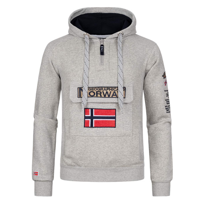 Чоловіча толстовка на блискавці з капюшоном Geographical Norway Gymclass, світло-сіра, теплий світшот з кишенею-кенгуру, розмір XXL