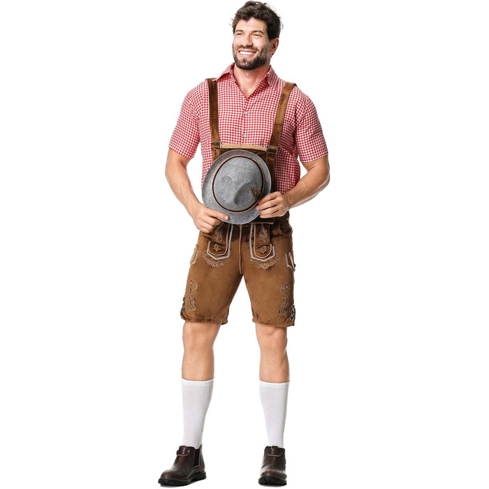 Традиційний костюм для чоловіків RUMAOZIA: повний комплект (ледерхоза, сорочка, латкова штани) для Октоберфесту, тематична вечірка, коричневий, розмір M