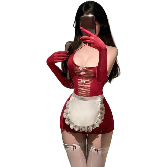 Костюм покоївки JasmyGirls для жінок: мереживний костюм з панчохами, фартухом та рукавичками (червоний, XS-XL)