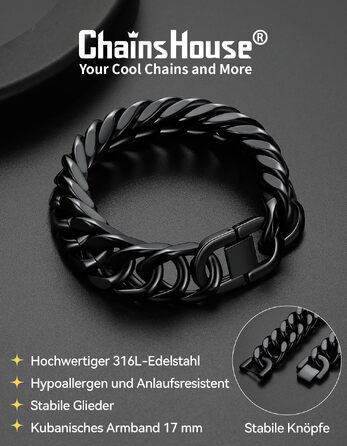Чоловічий сталевий браслет-ланцюг Panzer від ChainsHouse, чорний, 17мм, 19см — стильна хіп-хоп прикраса в подарунковій коробці