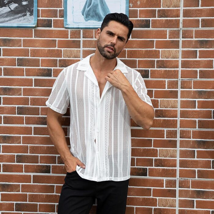 Чоловіча прозора сорочка-сітка Abehik Kurzarm Rave Shirt для вечірок та клубу, сексуальний набір для Swingercub (білий, XXL)