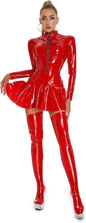 Латексна сукня для дорослих: коротка сукня Wetlook, латексна сукня, сексуальна білизна, латексний костюм, сукня з довгим рукавом, латексні панчохи, міні-сукня, еротичні костюми, червоний, XL