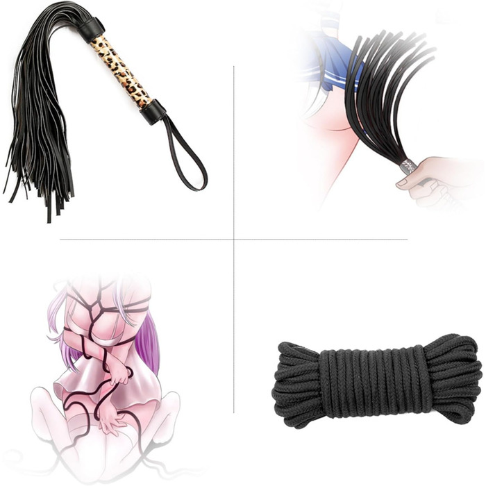 Набір для БДСМ з екошкіри Leopard Print (8 предметів): наручники, пітч, обручі, мотузка, ніпель-кліпси