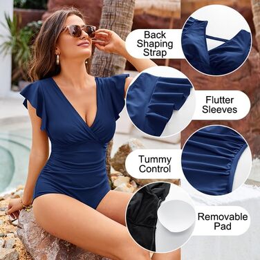 GRACE KARIN Купальник суцільний з животом, V-подібний виріз, монокіні, фігуруючий верх, рукава-крила, літній, одноцільний (XL, Темно-синій)