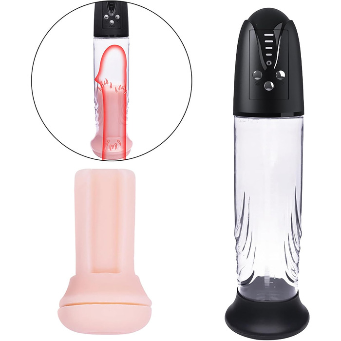 Електрична пеніс-насос з 4 рівнями інтенсивності та 4 режимами вакууму для збільшення пеніса. Мастурбатор з силіконовими насадками та сумкою