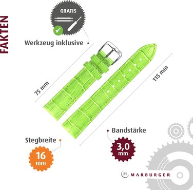 Шкіряний ремінець для годинника MARBURGER 16мм з тисненням під крокодила (світло-зелений/срібло) + набір інструментів для встановлення
