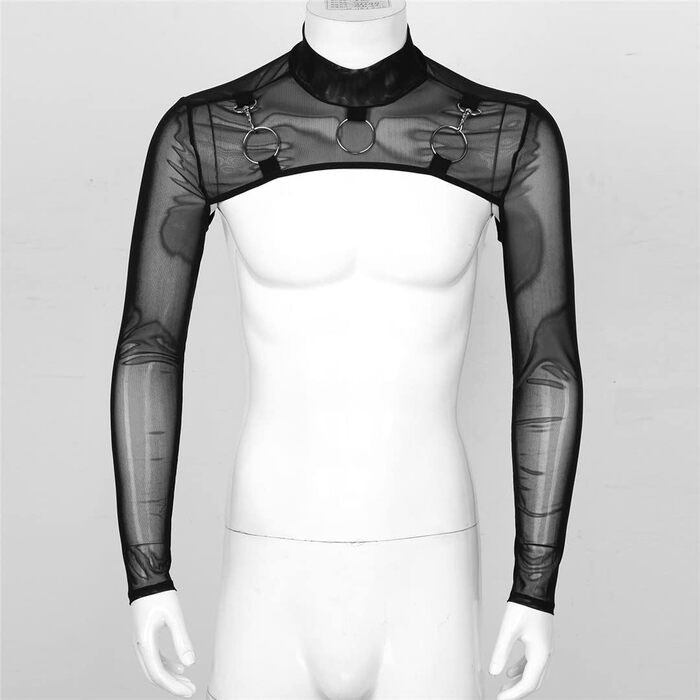 Чоловіча прозора мотоодійна футболка з довгим рукавом, виріз O-Ring, сітчаста напівкроп-футболка для вечірок та клубів