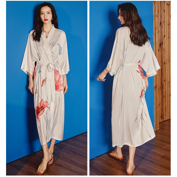 Халат жіночий атласний максі довгий, шовковий кімоно, сукня з квітковим принтом, легкий халат, літня роба, піжама для дівчат, вечірній халат, універсальний розмір, білий