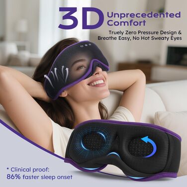 Маска для сну з Bluetooth-навушниками LC-dolida V5.4, дихаюча 3D маска для очей з мікрофоном з бавовни, миюча, для подорожей, йоги та медитації (Лаванда)