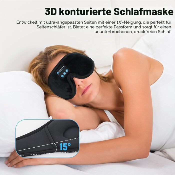 Маска для сну з Bluetooth-навушниками 3D, бездротова м'яка пов'язка на очі для сну на боці та спині, чорна
