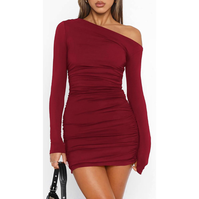 Жіноче облягаюче плаття ELFIN з трикотажної тканини, довгим рукавом, міні, на бретельці, з драпіруванням, для вечірок, клубів, повсякденного носіння (Бордовий, XL)