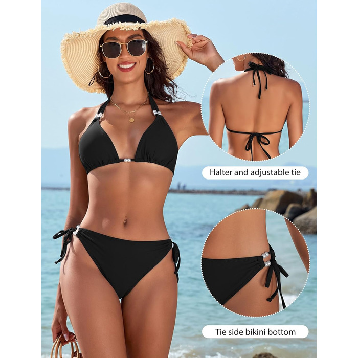 Сексуальний жіночий купальник-бікіні Triangel з шнурівкою, push-up, з перлами, чорний