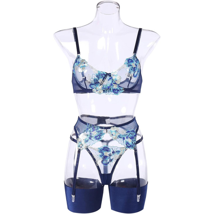 Сексуальна спідня білизна Dessous для жінок: комплект з бюстгальтером, трусиками та стрінгами з мереживом, 4 шт. (темно-синій)