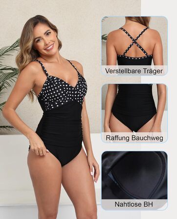 Купальник жіночий Halcurt з животом, з чашками, з драпіруванням, суцільний, з V-подібним вирізом, чорний у горошок, S-XXL