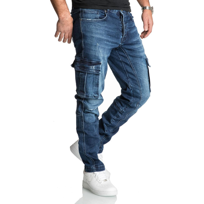 Чоловічі джинси-карго REPUBLIX Regular Slim Denim з ефектом Destroyed, темно-сині, модель R7977