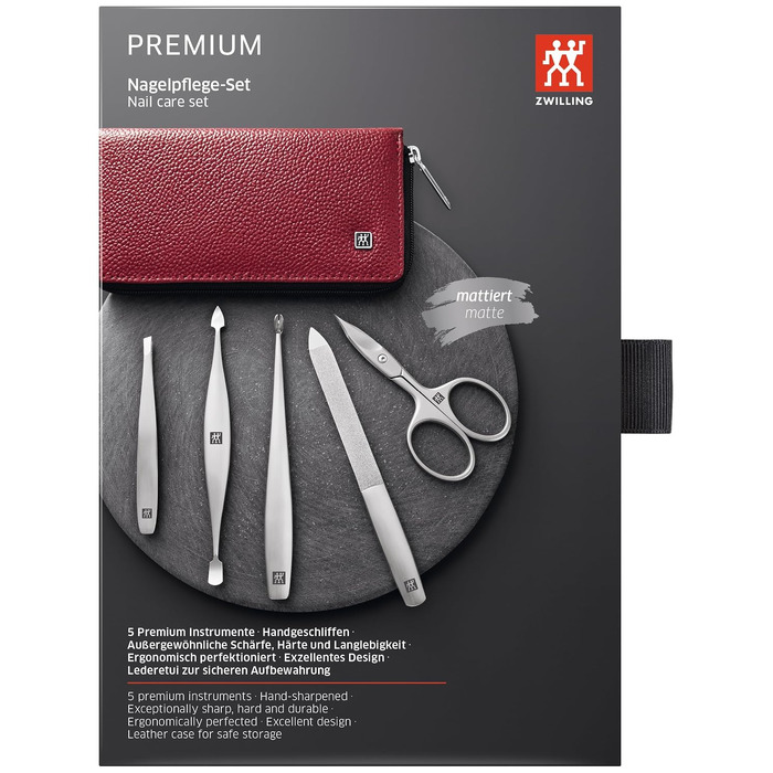 Преміальний набір для манікюру та педикюру ZWILLING (5 предметів) у шкіряному чохлі, червоний