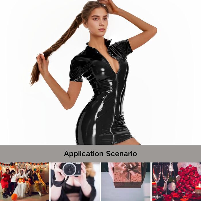 Міні-сукня з еластичної шкіри на блискавці, облягаюча, чорна (S, короткий рукав)