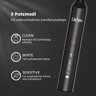 Електрична сонічна зубна щітка Lächen, 5 режимів роботи, чорна, з дорожнім футляром та 4 насадками, USB-зарядка, таймер, водонепроникність IPX7