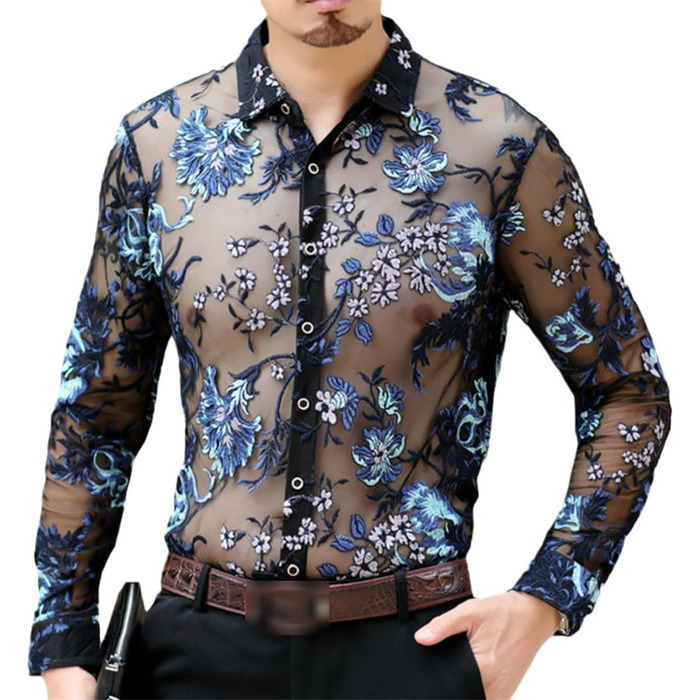 Прозора сорочка для чоловіків Yeuyyben з мереживом та квітковим принтом, блакитна, EU M (72-77 кг)