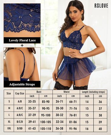 RSLOVE Сексуальна жіноча білизна - комплект із мереживної сорочки-бабочки, спідниці-міні з сітки та стрінгів, блакитний