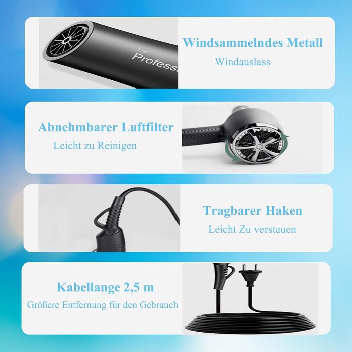 Професійний іонний фен для волосся LOEVERY 2400W з AC-мотором, дифузором та набором аксесуарів (2 насадки, 3 щітки), чорний