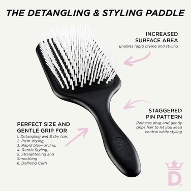 Масажна щітка для волосся Denman D38 Paddle Brush для розплутування та стайлінгу вологого і сухого волосся (будь-який тип: кучеряве, пряме, густе), чорна