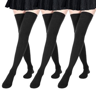 DRESHOW 3 пари довгих шкарпеток до коліна для жінок, смугасті гольфи (3 пари: чорні)