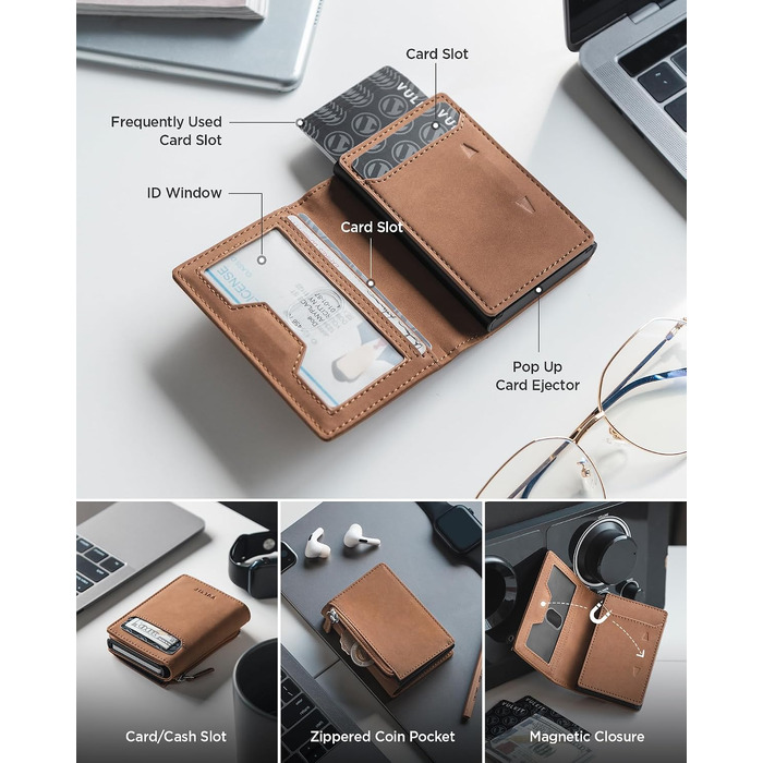 Чоловічий шкіряний картхолдер VULKIT з монетницею, вікном для ID та RFID/NFC захищеним алюмінієвим кейсом для 10 карток, Коричневий