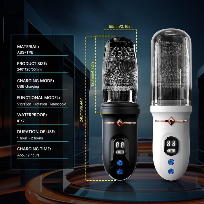 Електричний масажер для чоловіків, пеніс-насос з 5 режимами телескопічної дії, 5 режимами обертання та 10 режимами вібрації, чорний