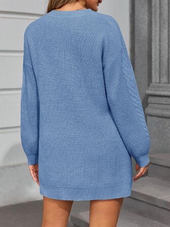 Жіноча трикотажна сукня-свитер Saodimallsu з V-подібним вирізом, oversize міні-сукня на осінь, синя, розмір S
