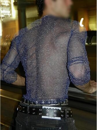 Футболка з довгим рукавом з блискітками для чоловіків, мереживна, прозора сітка, XL, фіолетовий