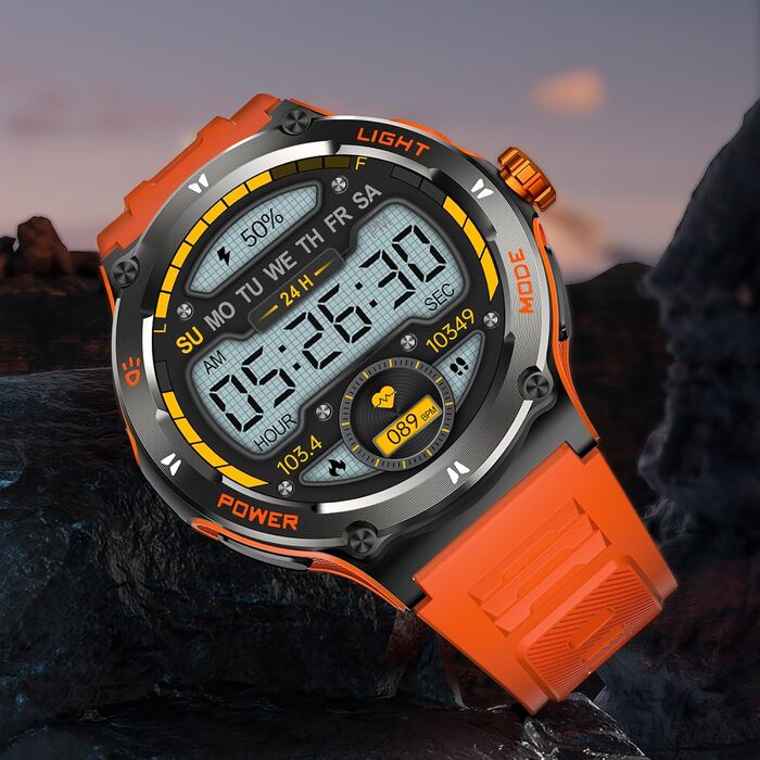 Смарт-годинник findtime Military — ударостійкий тактичний годинник з компасом, LED-ліхтариком, функцією дзвінків та моніторингом пульсу 24h, для Android та iOS (Помаранчевий)
