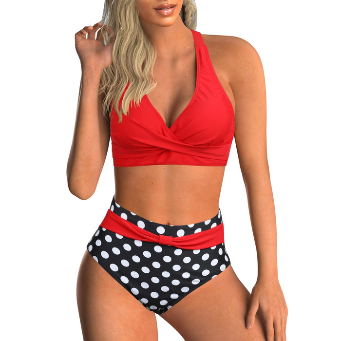 Жіночий двочастинний купальник Adigaber з V-подібним вирізом, квітковий принт, бікіні з животом, комплект L, червоні та чорні крапки