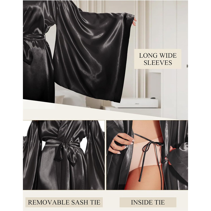 Жіночий халат кімоно з довгим рукавом з шовку, атласний халат для вечірки, весілля, нічної сорочки, домашнього одягу, великі розміри, чорний, L