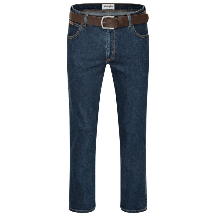 Чоловічі стрейч-джинси Wrangler Texas Regular Fit Authentic Straight, колір Darkstone, з коричневим ременем (46W / 30L)