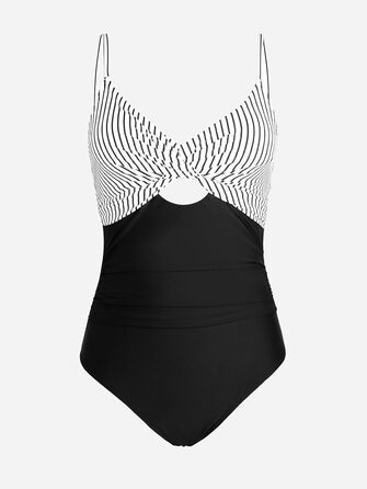 CUPSHE купальник з вирізом, ефект зав'язування, прихована талія, з декоративними вставками, цілісний, чорно-білий, в смужку (M)