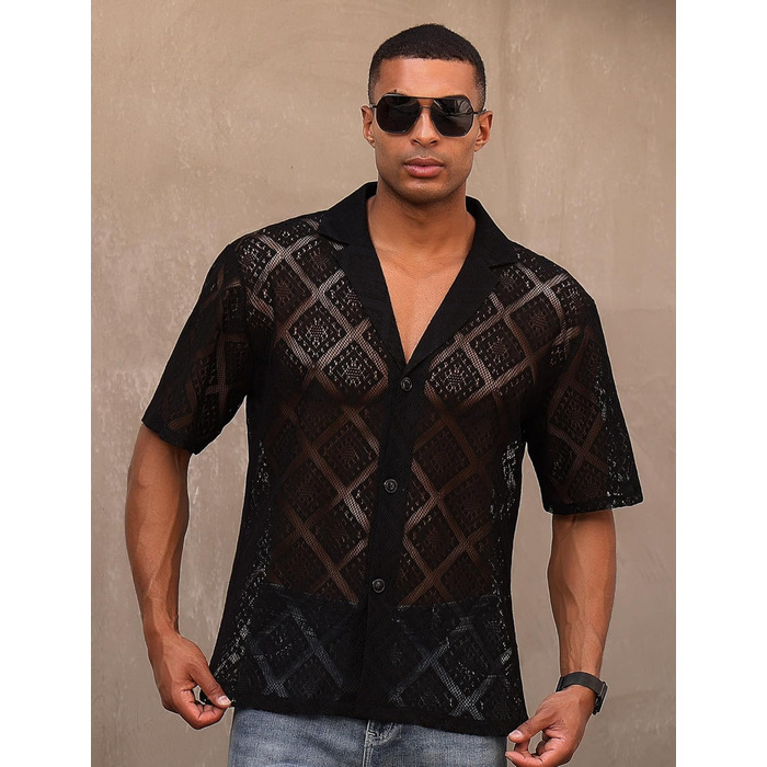 Чоловіча прозора сітчаста сорочка для музичного фестивалю, Rave, клубного одягу, чорна, розмір M