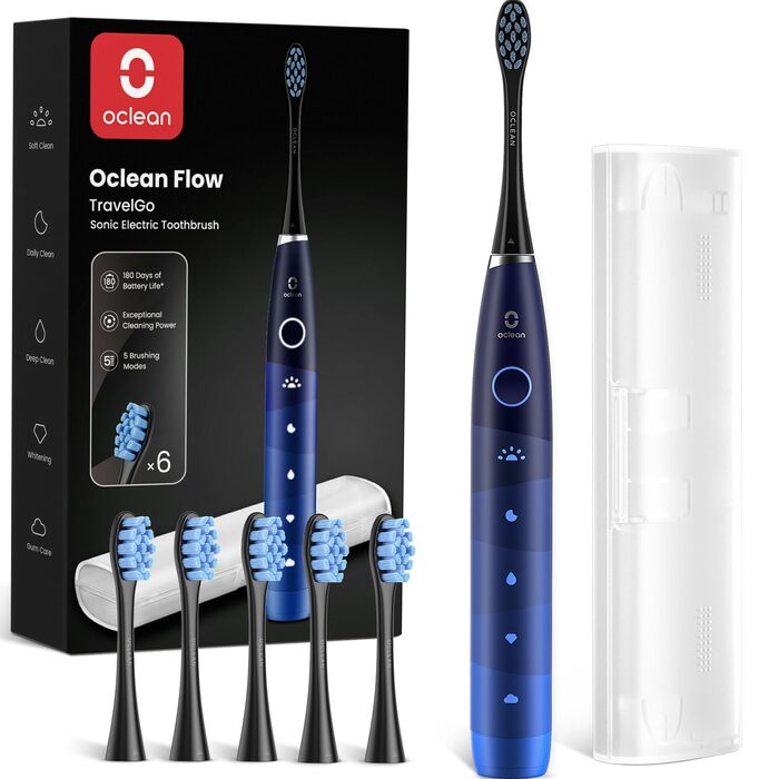 Електрична сонічна зубна щітка Oclean Flow Gift Set, біла (синій набір): 5 режимів, 180 днів автономної роботи, IPX7 водонепроникність, дорожній футляр та 6 змінних насадок