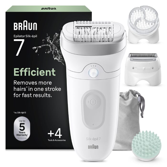 Епілятор для жінок Braun Silk-épil 7 7-011, сріблястий: для вологого та сухого використання, водонепроникний, з насадкою-шавером та набором аксесуарів (1+4), сумка в комплекті