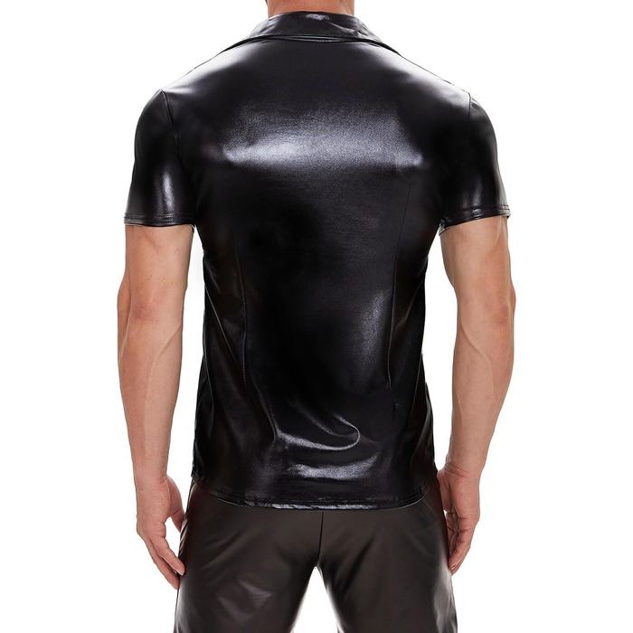 Чоловіча сорочка з лакованої шкіри Xokesy, коротка, чорна, з м'якої шкіри, з ревезом, для клубів, еластична, з кнопками