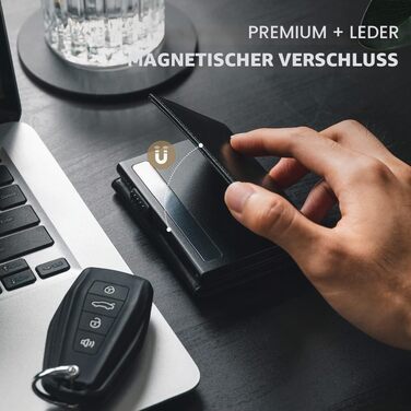 Шкіряний гаманець-картхолдер VULKIT з RFID-захистом, pop-up системою, відділенням для купюр та вікном для ID-картки, чорний