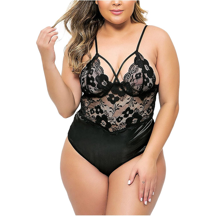 Бодір-костюми UIVHLW: прозорий чорний мереживний комплект з V-подібним вирізом, вирізаний крій, великі розміри (XXL)